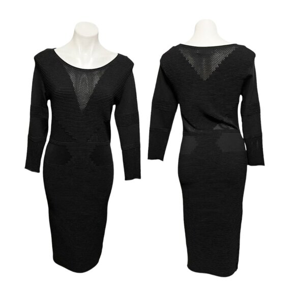 Velvet by Graham & Spencer XL Black Mesh Detail Long Sleeve Ribbed Midi Dre… - Picture 1 of 4